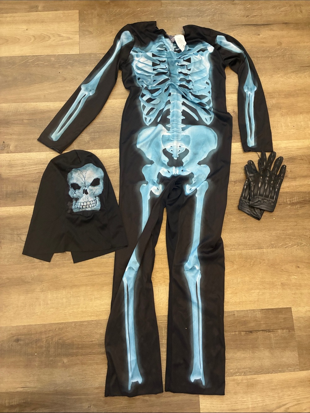 Kids Black & Blue Glow Skeleton Costume with Skull Hood (L)